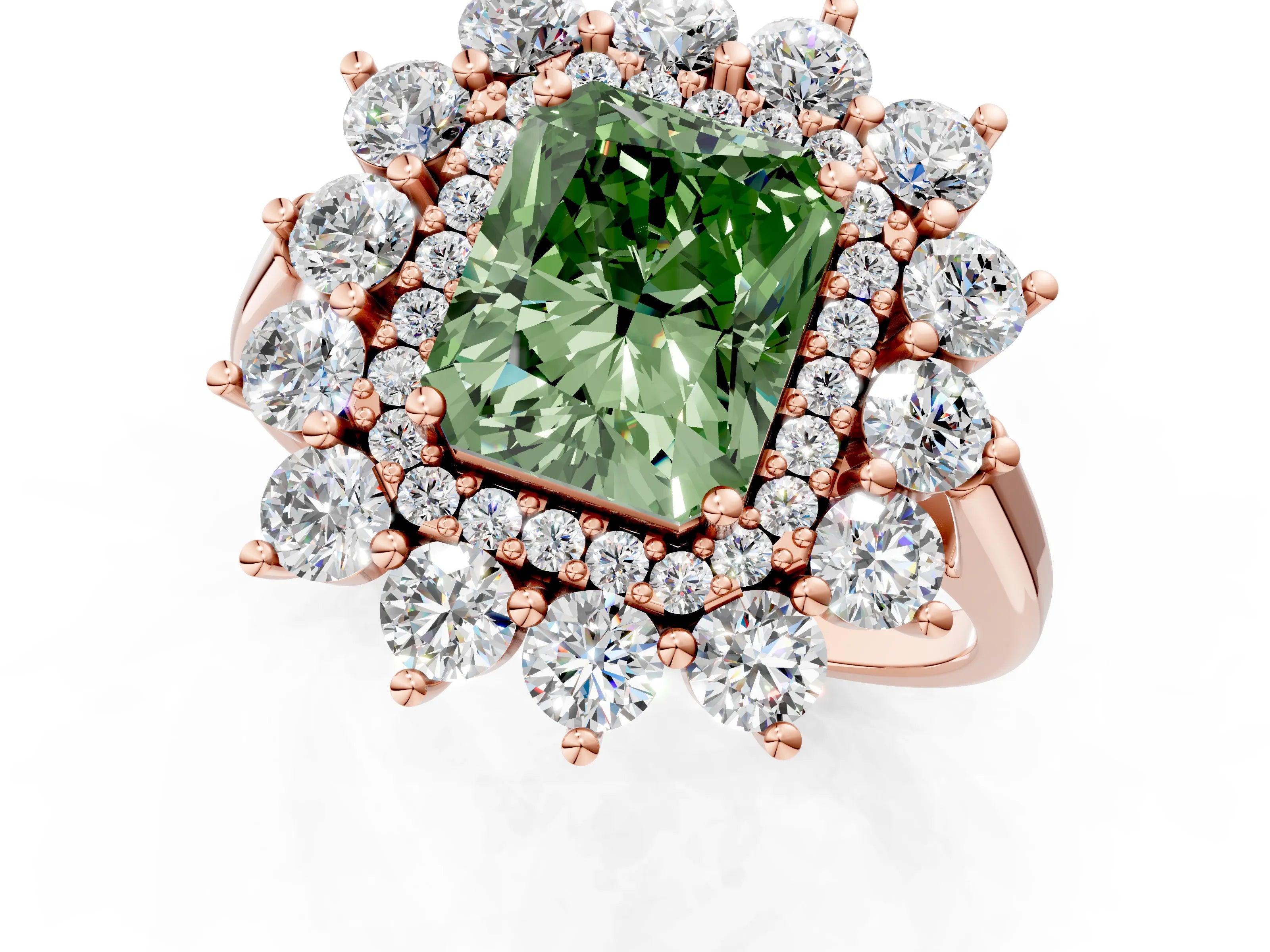Rose gold Fancy Green Radiant Cut Halo Cluster Diamond Ring with Pave Band and Four-Prong Setting_13