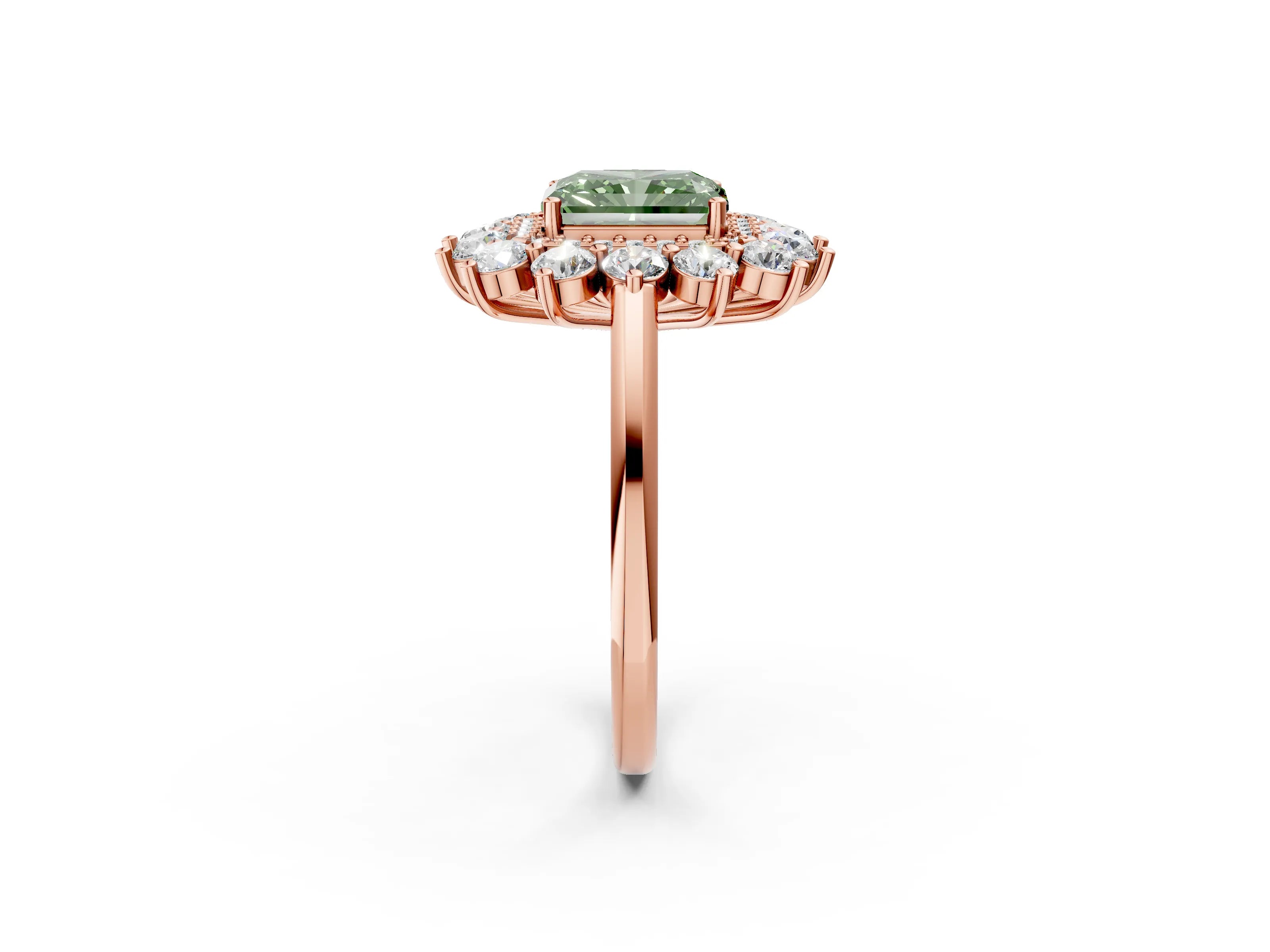 Rose gold Fancy Green Radiant Cut Halo Cluster Diamond Ring with Pave Band and Four-Prong Setting_14