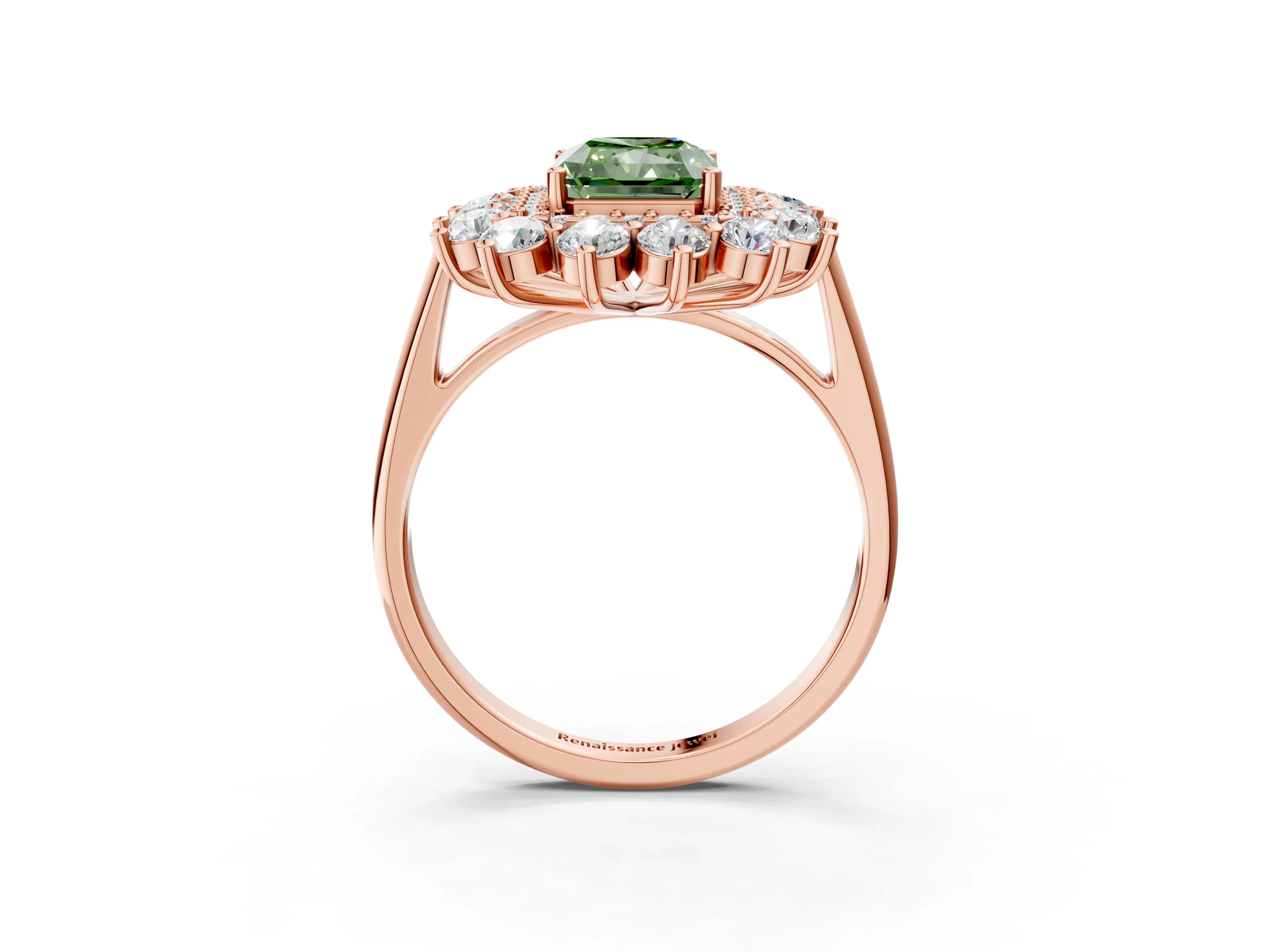 Rose gold Fancy Green Radiant Cut Halo Cluster Diamond Ring with Pave Band and Four-Prong Setting_15