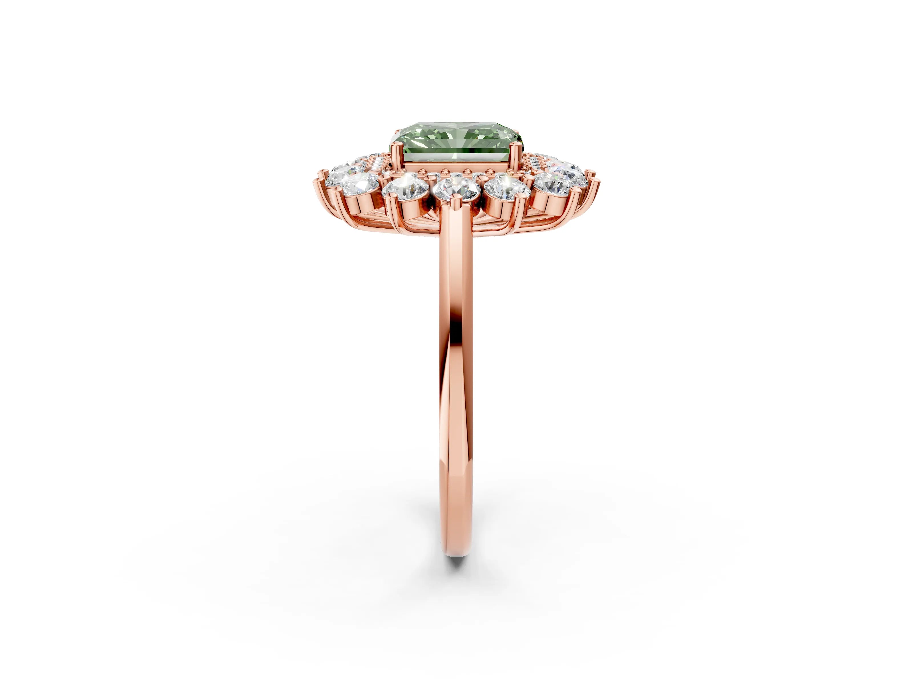 Rose gold Fancy Green Radiant Cut Halo Cluster Diamond Ring with Pave Band and Four-Prong Setting_2