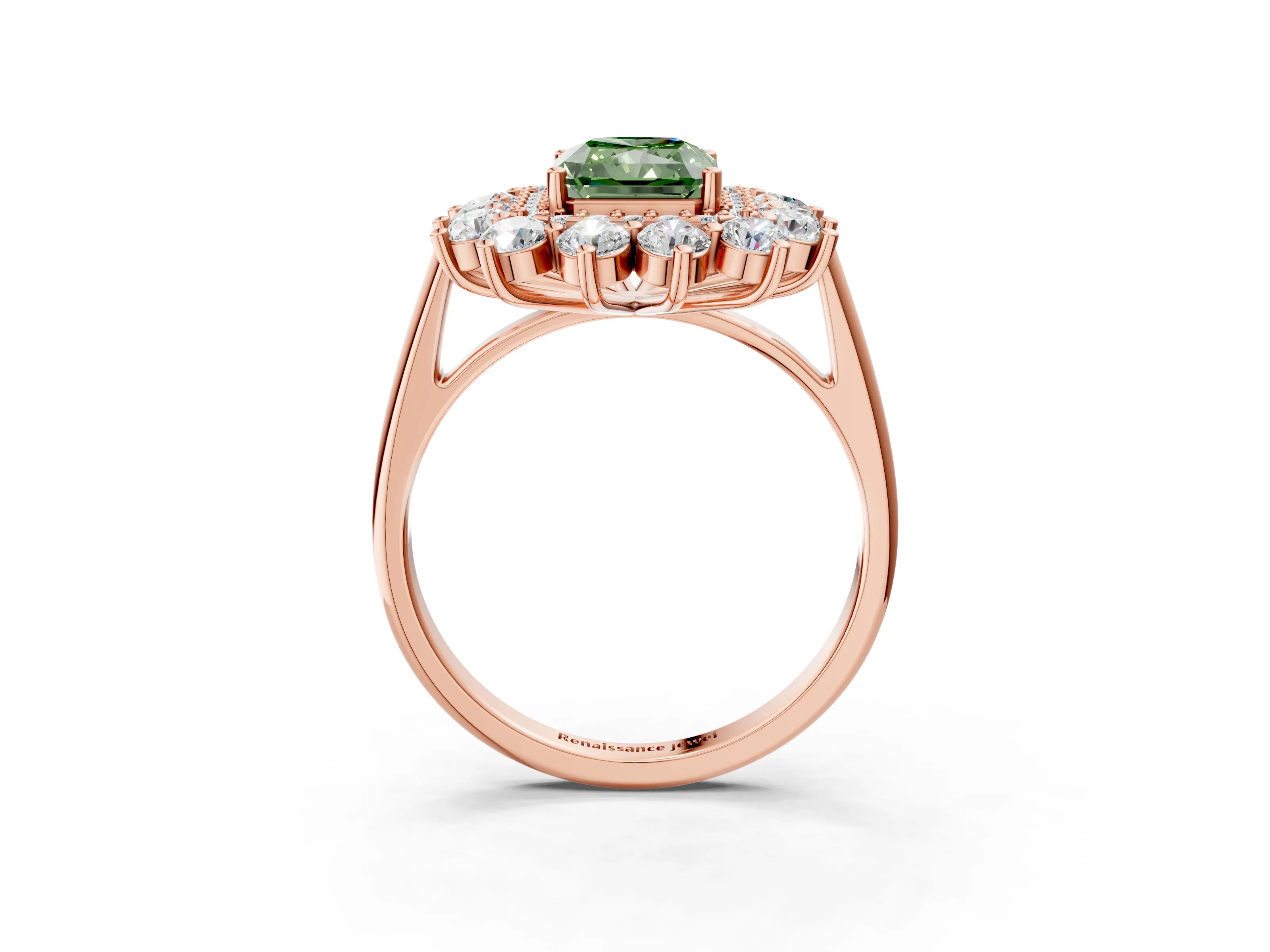 Rose gold Fancy Green Radiant Cut Halo Cluster Diamond Ring with Pave Band and Four-Prong Setting_3
