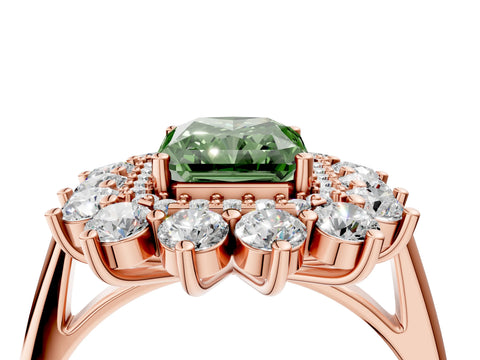 Rose gold Fancy Green Radiant Cut Halo Cluster Diamond Ring with Pave Band and Four-Prong Setting_4