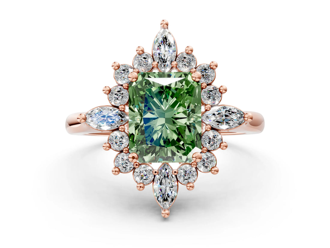 Rose gold Fancy Green Radiant Cut Halo Diamond Cluster Ring with Marquise and Round Stones on a White Gold Band with Prong Setting