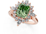 Rose gold Fancy Green Radiant Cut Halo Diamond Cluster Ring with Marquise and Round Stones on a White Gold Band with Prong Setting_1