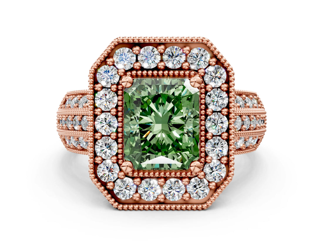 Rose gold Fancy Green Radiant Cut Halo Diamond Engagement Ring with Pave Split Shank and Four-Prong Setting