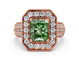 Rose gold Fancy Green Radiant Cut Halo Diamond Engagement Ring with Pave Split Shank and Four-Prong Setting