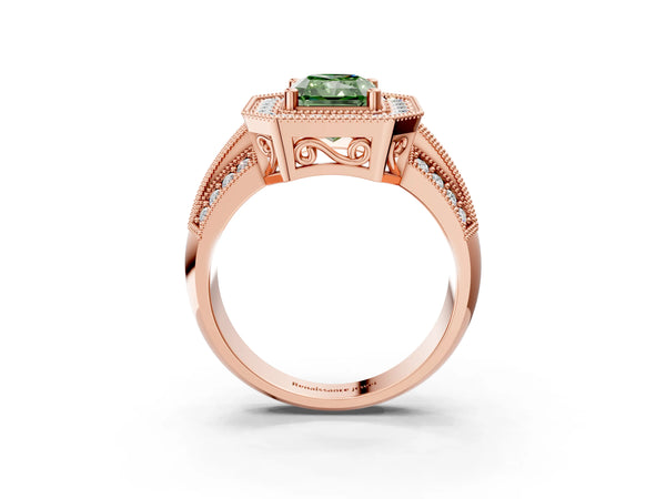 Rose gold Fancy Green Radiant Cut Halo Diamond Engagement Ring with Pave Split Shank and Four-Prong Setting