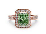 Rose gold Fancy Green Radiant Cut Halo Diamond Engagement Ring with Split Shank Band and Four-Prong Setting