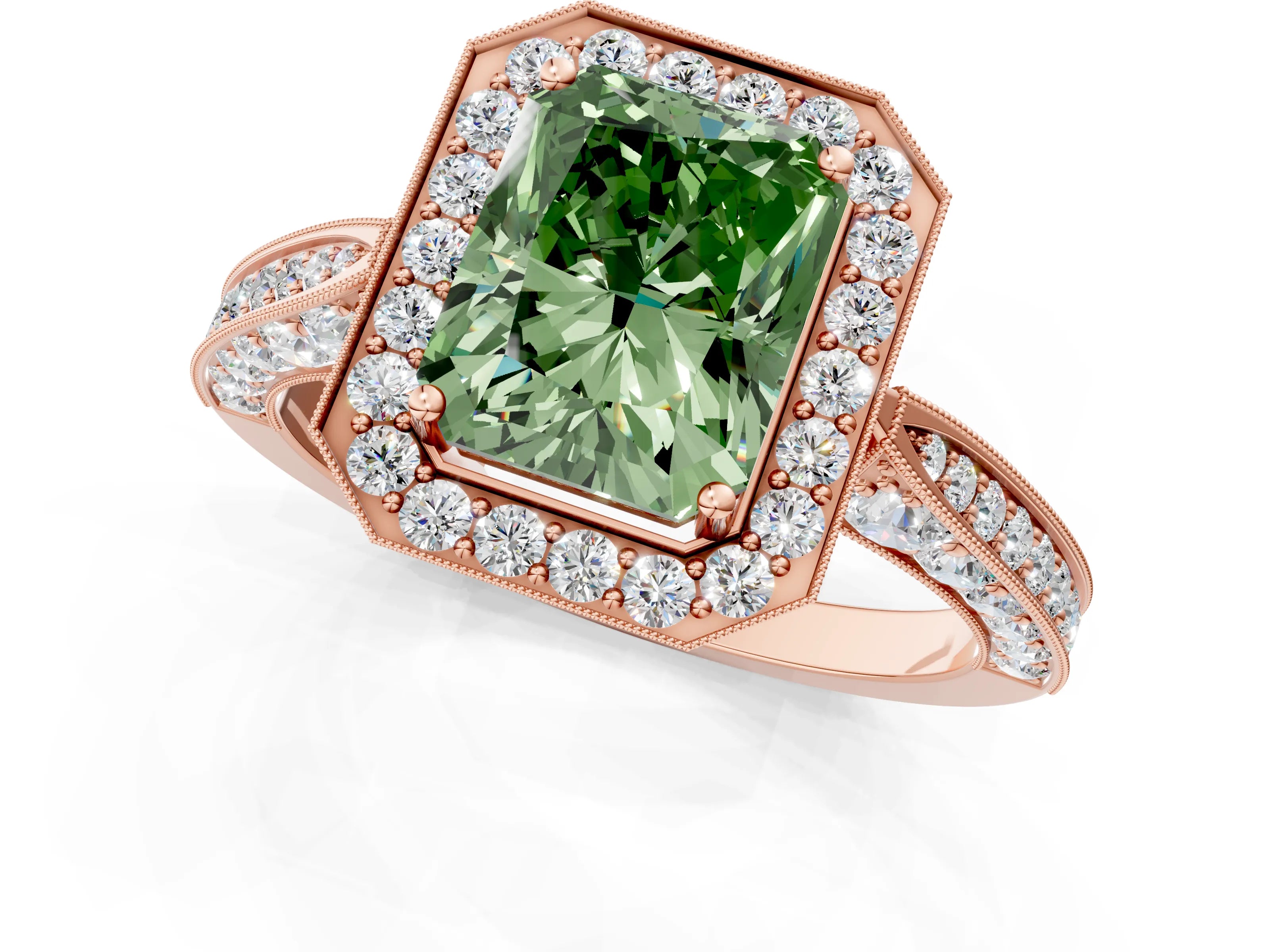 Rose gold Fancy Green Radiant Cut Halo Diamond Engagement Ring with Split Shank Band and Four-Prong Setting_1