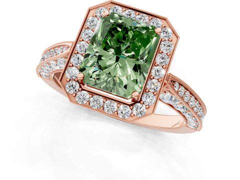Rose gold Fancy Green Radiant Cut Halo Diamond Engagement Ring with Split Shank Band and Four-Prong Setting_1