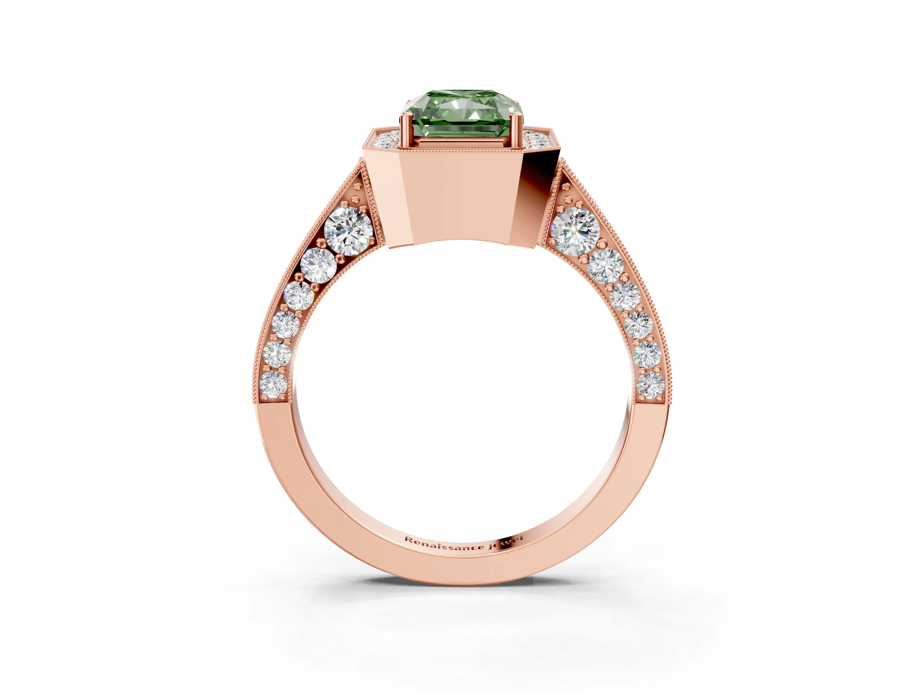 Rose gold Fancy Green Radiant Cut Halo Diamond Engagement Ring with Split Shank Band and Four-Prong Setting_3