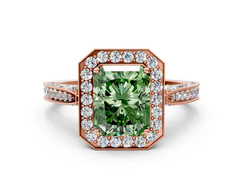 Rose gold Fancy Green Radiant Cut Halo Diamond Engagement Ring with Split Shank Band and Four-Prong Setting