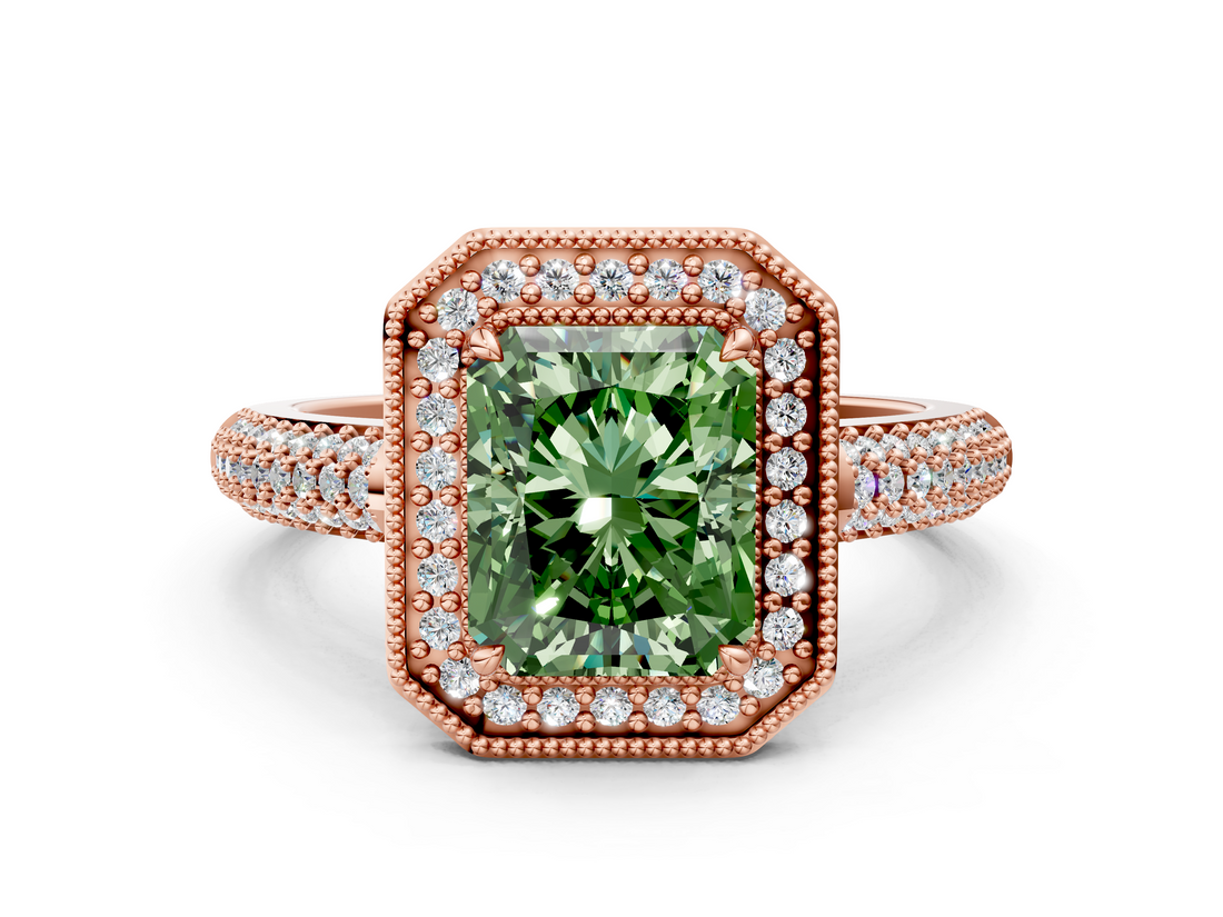 Rose gold Fancy Green Radiant  Cut Halo Diamond Pave Band with Four-Prong Setting_38