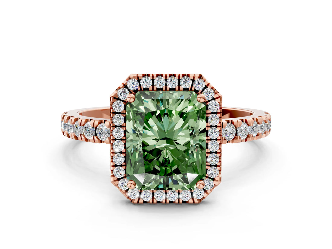 Rose gold Fancy Green Radiant Cut Halo Diamond Pave Band with Prong Setting