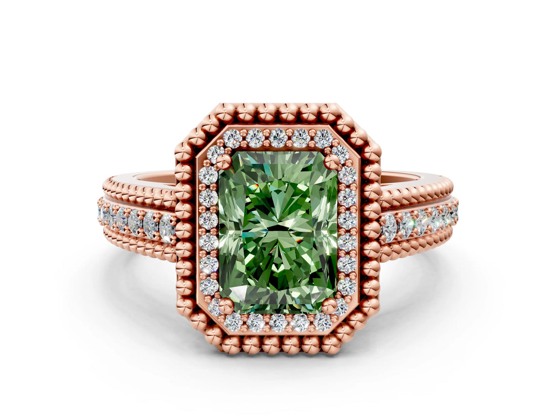 Rose gold Fancy Green Radiant Cut Halo Diamond Ring with Beaded Split Shank and Four-Prong Setting