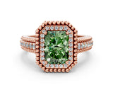 Rose gold Fancy Green Radiant Cut Halo Diamond Ring with Beaded Split Shank and Four-Prong Setting