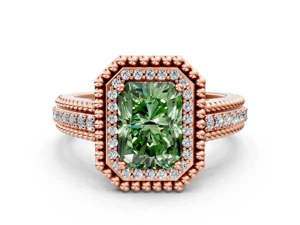 Rose Gold Radiant Cut Beaded Halo Engagement Ring Setting for Fancy Green Center with Pave