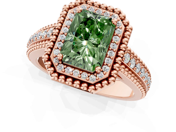 Rose Gold Radiant Cut Beaded Halo Engagement Ring Setting for Fancy Green Center with Pave