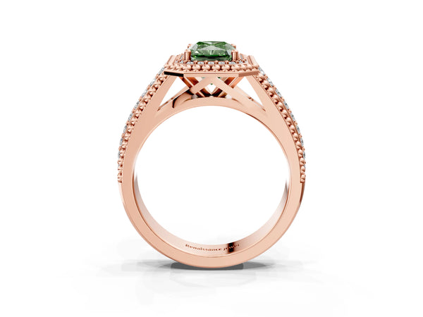 Rose Gold Radiant Cut Beaded Halo Engagement Ring Setting for Fancy Green Center with Pave