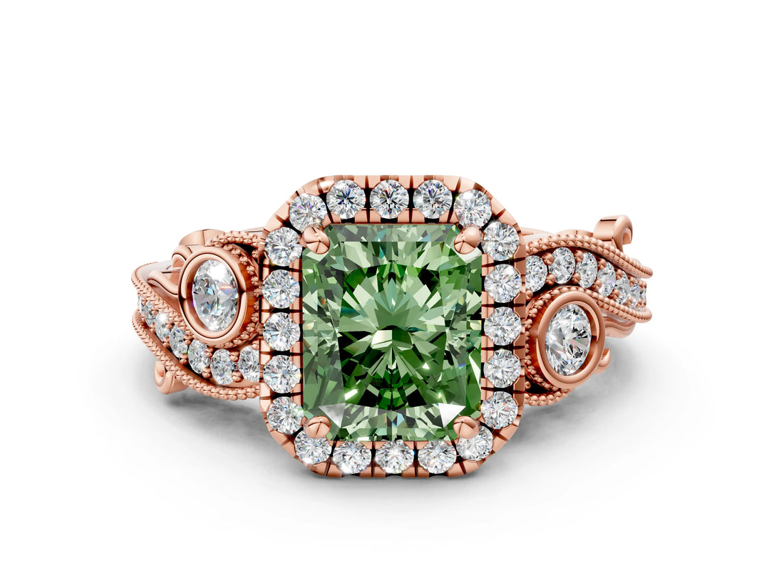 Rose gold Fancy Green Radiant Cut Halo Diamond Ring with Milgrain and Bezel Accents on a Split Shank Band_12