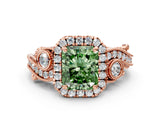 Rose gold Fancy Green Radiant Cut Halo Diamond Ring with Milgrain and Bezel Accents on a Split Shank Band_12