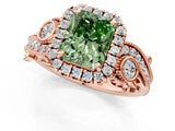 Rose gold Fancy Green Radiant Cut Halo Diamond Ring with Milgrain and Bezel Accents on a Split Shank Band_13
