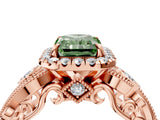Rose gold Fancy Green Radiant Cut Halo Diamond Ring with Milgrain and Bezel Accents on a Split Shank Band_16