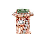 Rose gold Fancy Green Radiant Cut Halo Diamond Ring with Milgrain and Bezel Accents on a Split Shank Band_17
