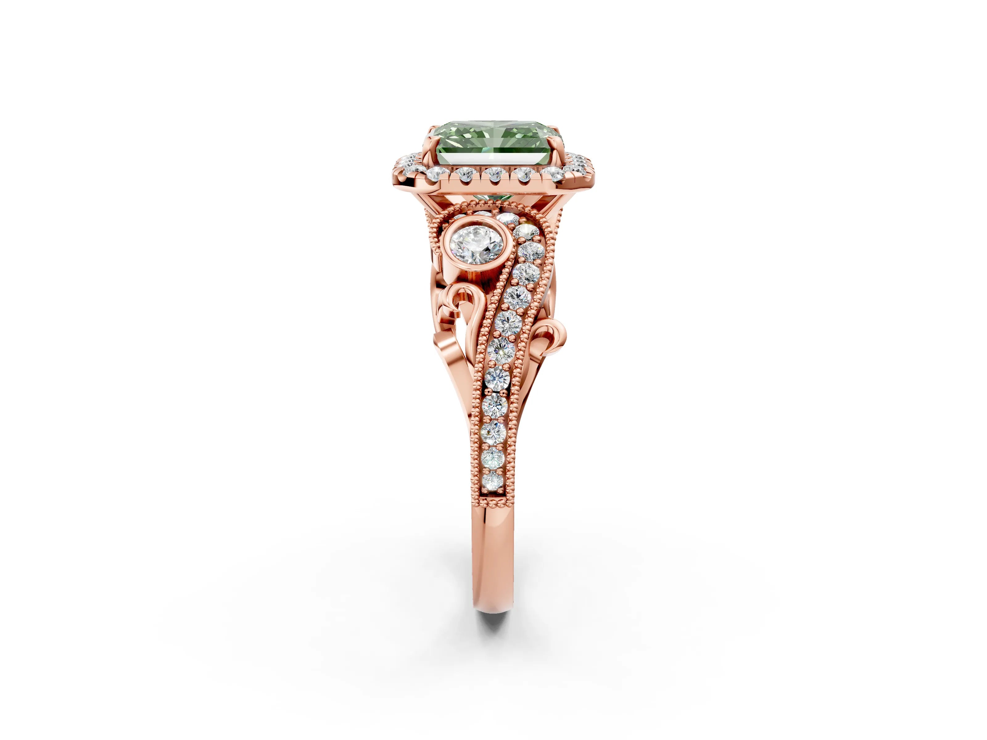Rose gold Fancy Green Radiant Cut Halo Diamond Ring with Milgrain and Bezel Accents on a Split Shank Band_2