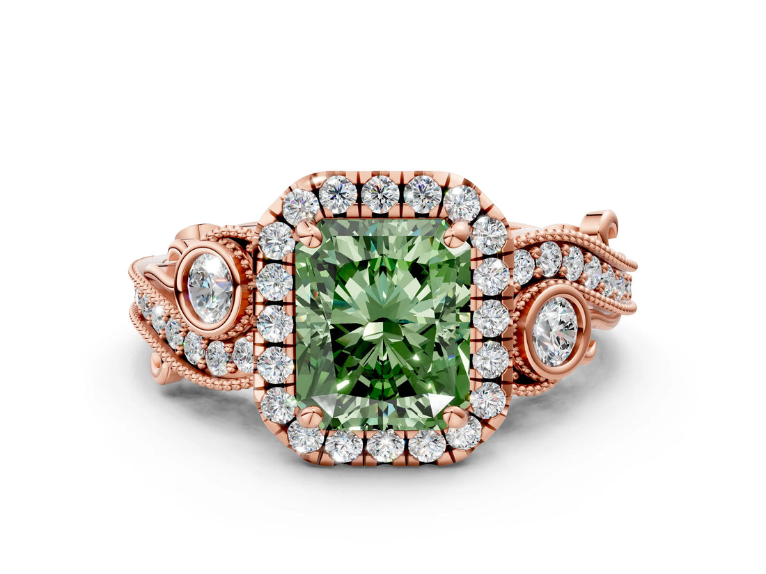 Rose gold Fancy Green Radiant Cut Halo Diamond Ring with Milgrain and Bezel Accents on a Split Shank Band_24