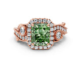 Rose gold Fancy Green Radiant Cut Halo Diamond Ring with Milgrain and Bezel Accents on a Split Shank Band_24