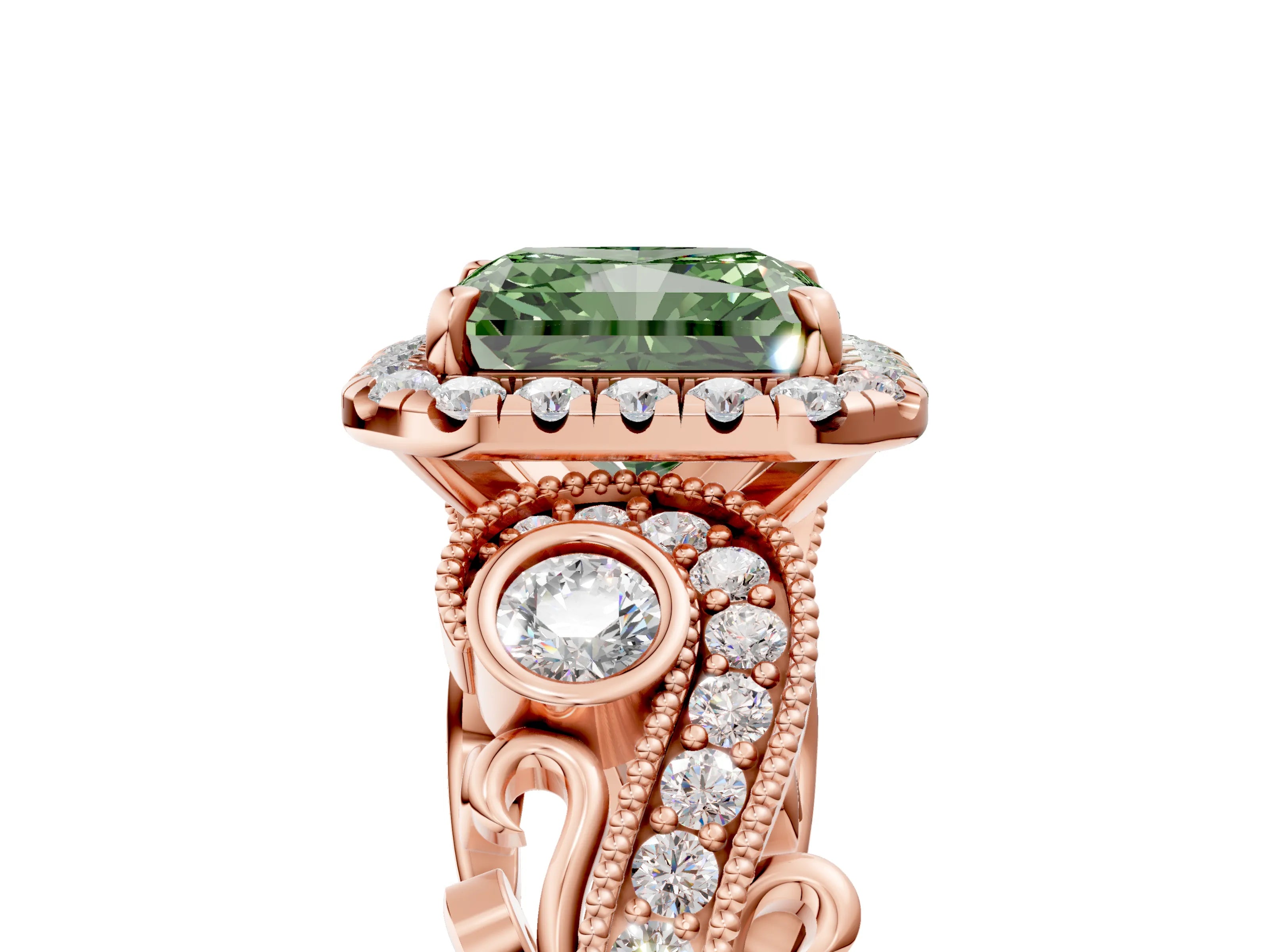 Rose gold Fancy Green Radiant Cut Halo Diamond Ring with Milgrain and Bezel Accents on a Split Shank Band_5