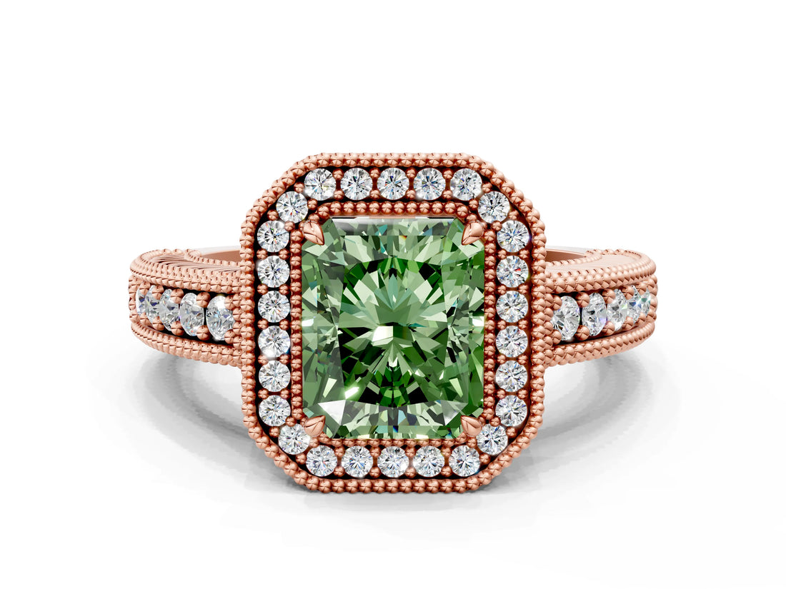 Rose gold Fancy Green Radiant  Cut Halo Diamond Ring with Pavé Band and Four-Prong Setting_52