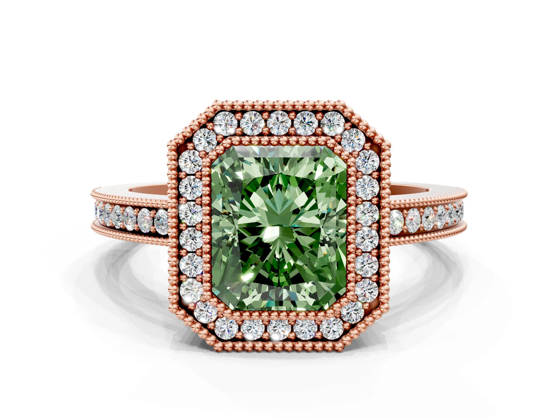 Rose gold Fancy Green Radiant  Cut Halo Diamond Ring with Pavé Band and Milgrain Prong Setting_32