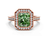 Rose gold Fancy Green Radiant  Cut Halo Diamond Ring with Pavé Band and Milgrain Prong Setting_32