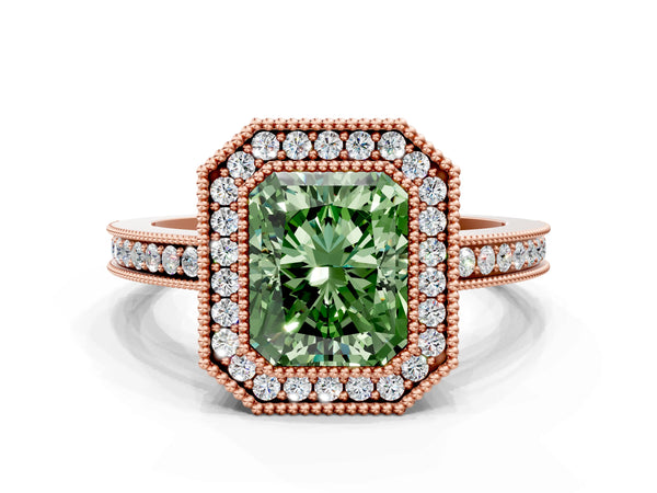 Rose gold Fancy Green Radiant  Cut Halo Diamond Ring with Pavé Band and Milgrain Prong Setting