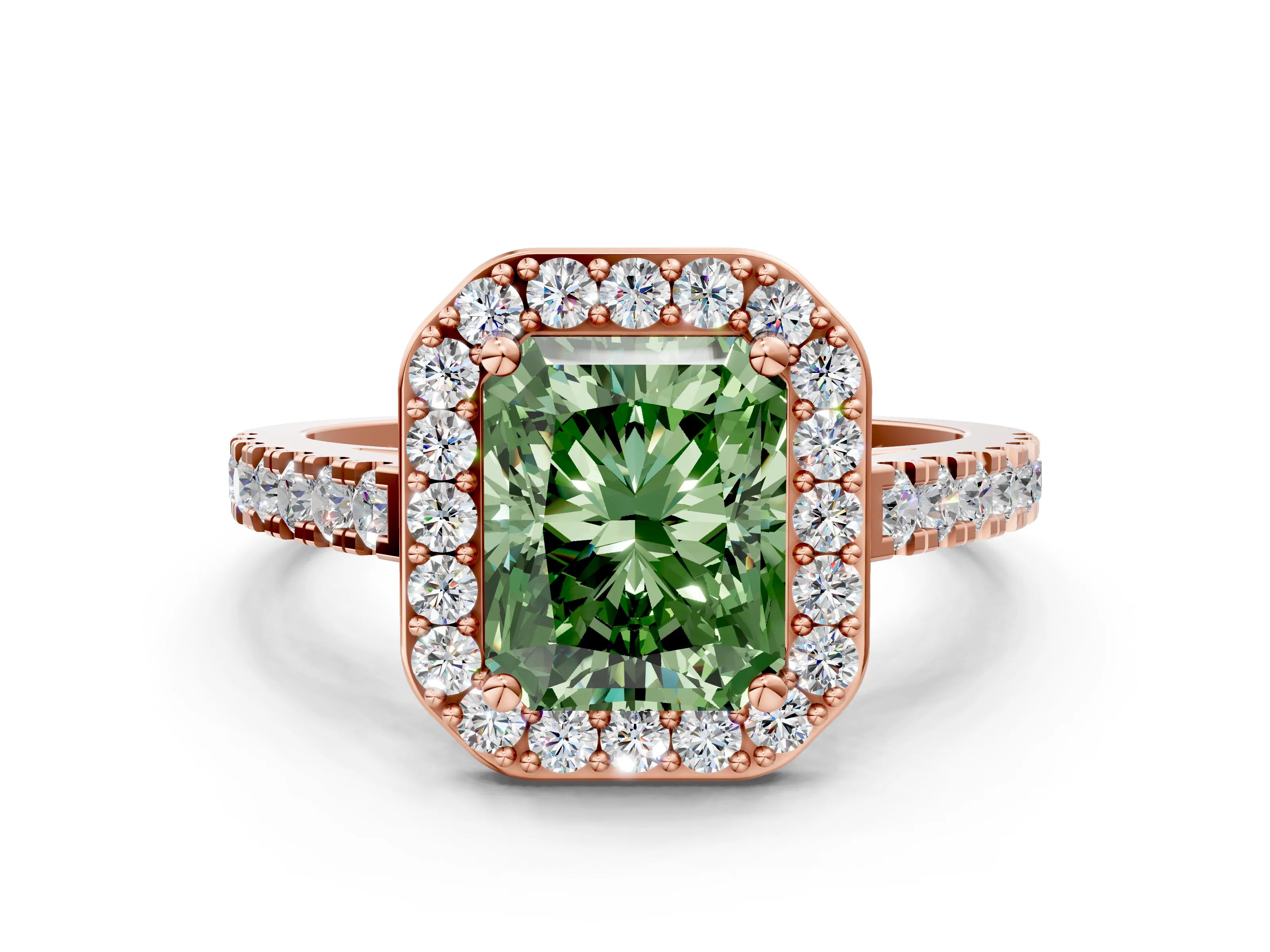 Rose gold Fancy Green Radiant Cut Halo Diamond Ring with Pavé Band and Three-Prong Setting