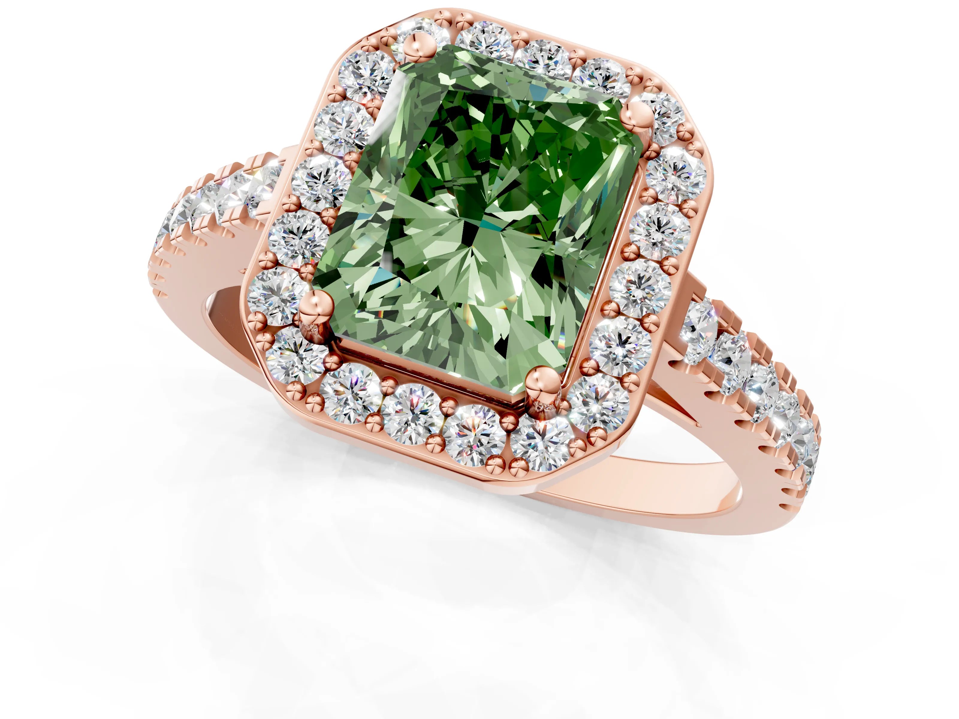 Rose gold Fancy Green Radiant Cut Halo Diamond Ring with Pavé Band and Three-Prong Setting_1