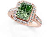 Rose gold Fancy Green Radiant Cut Halo Diamond Ring with Pavé Band and Three-Prong Setting_1