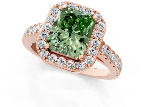 Rose gold Fancy Green Radiant Cut Halo Diamond Ring with Pavé Band and Three-Prong Setting_1