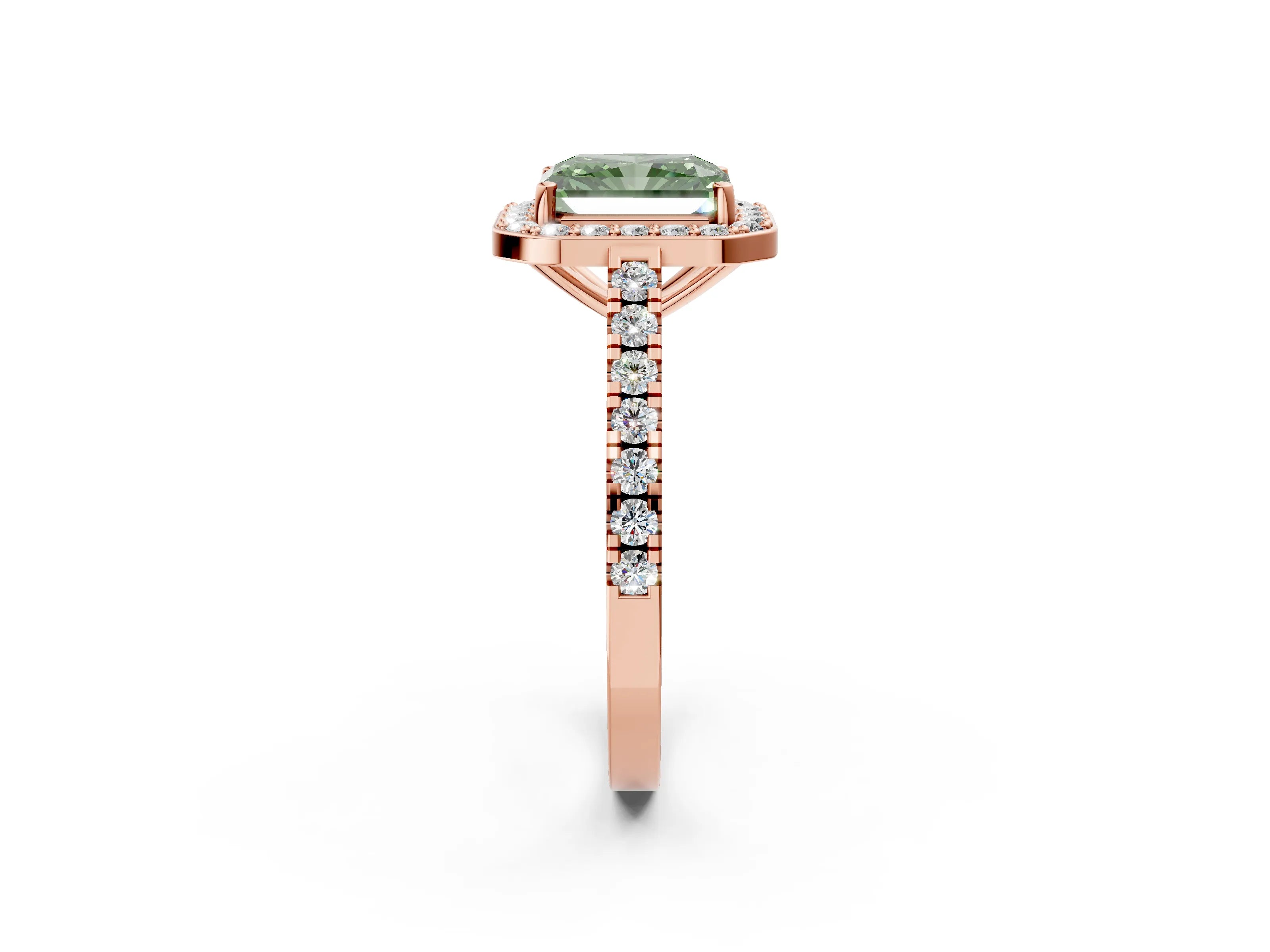 Rose gold Fancy Green Radiant Cut Halo Diamond Ring with Pavé Band and Three-Prong Setting_2