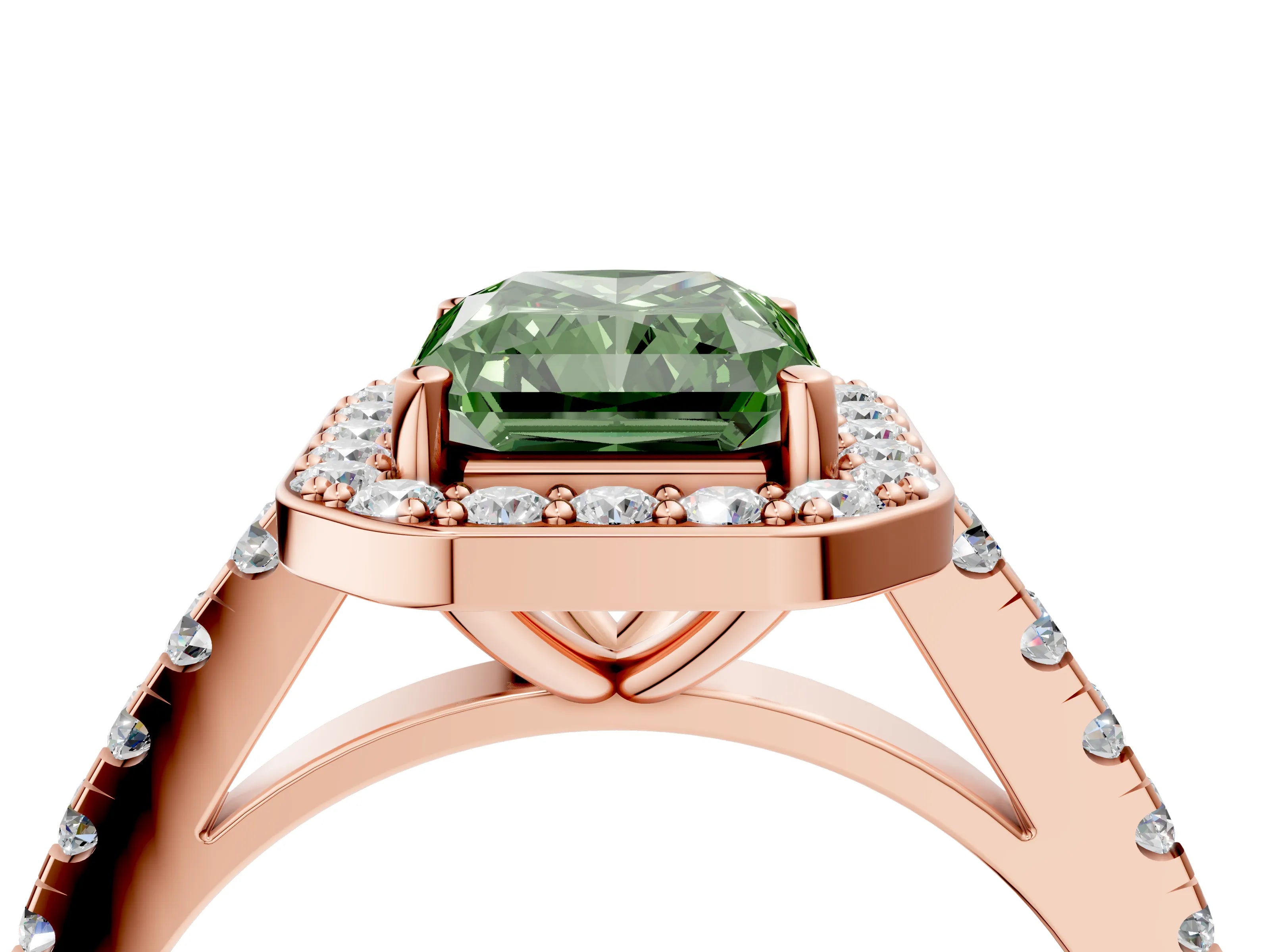 Rose gold Fancy Green Radiant Cut Halo Diamond Ring with Pavé Band and Three-Prong Setting_4