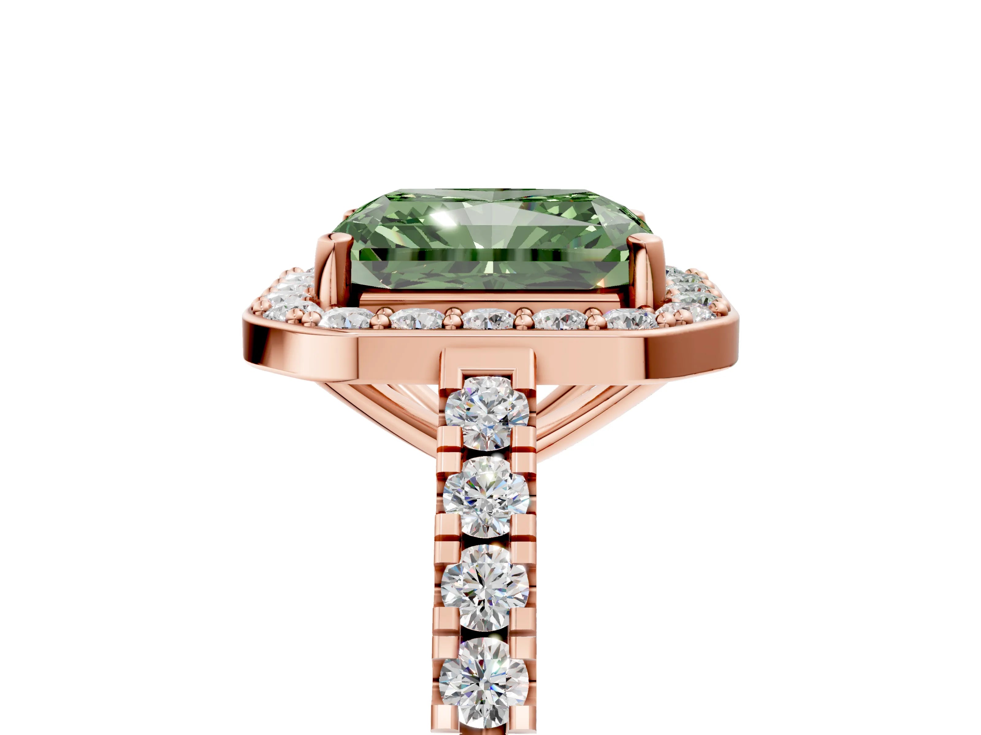 Rose gold Fancy Green Radiant Cut Halo Diamond Ring with Pavé Band and Three-Prong Setting_5