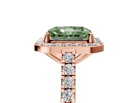 Rose gold Fancy Green Radiant Cut Halo Diamond Ring with Pavé Band and Three-Prong Setting_5