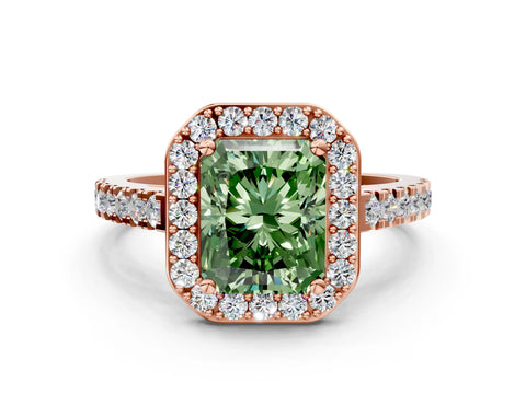 Rose gold Fancy Green Radiant Cut Halo Diamond Ring with Pavé Band and Three-Prong Setting