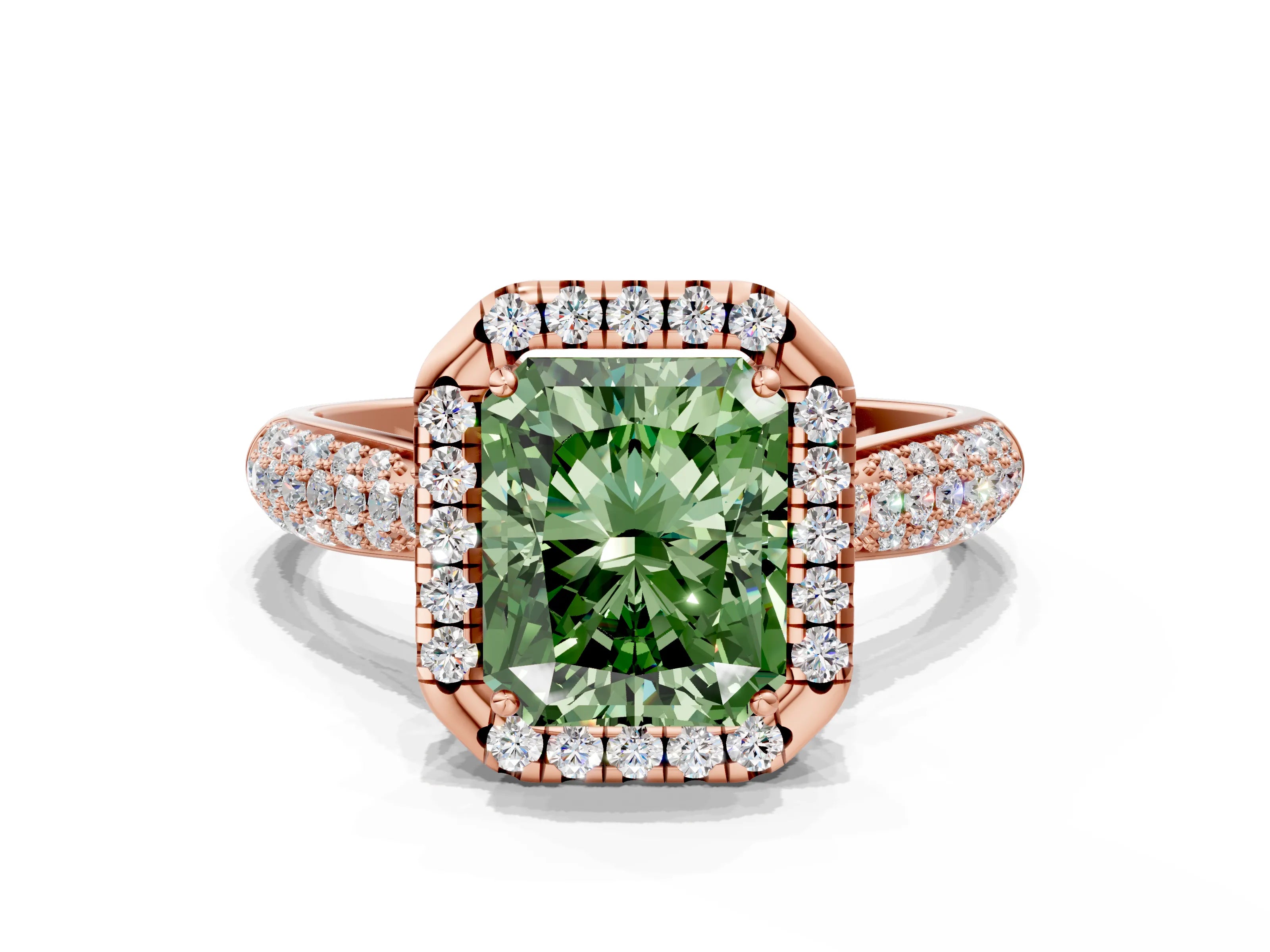 Rose gold Fancy Green Radiant Cut Halo Diamond Ring with Pavé Band