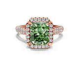 Rose gold Fancy Green Radiant Cut Halo Diamond Ring with Pavé Band