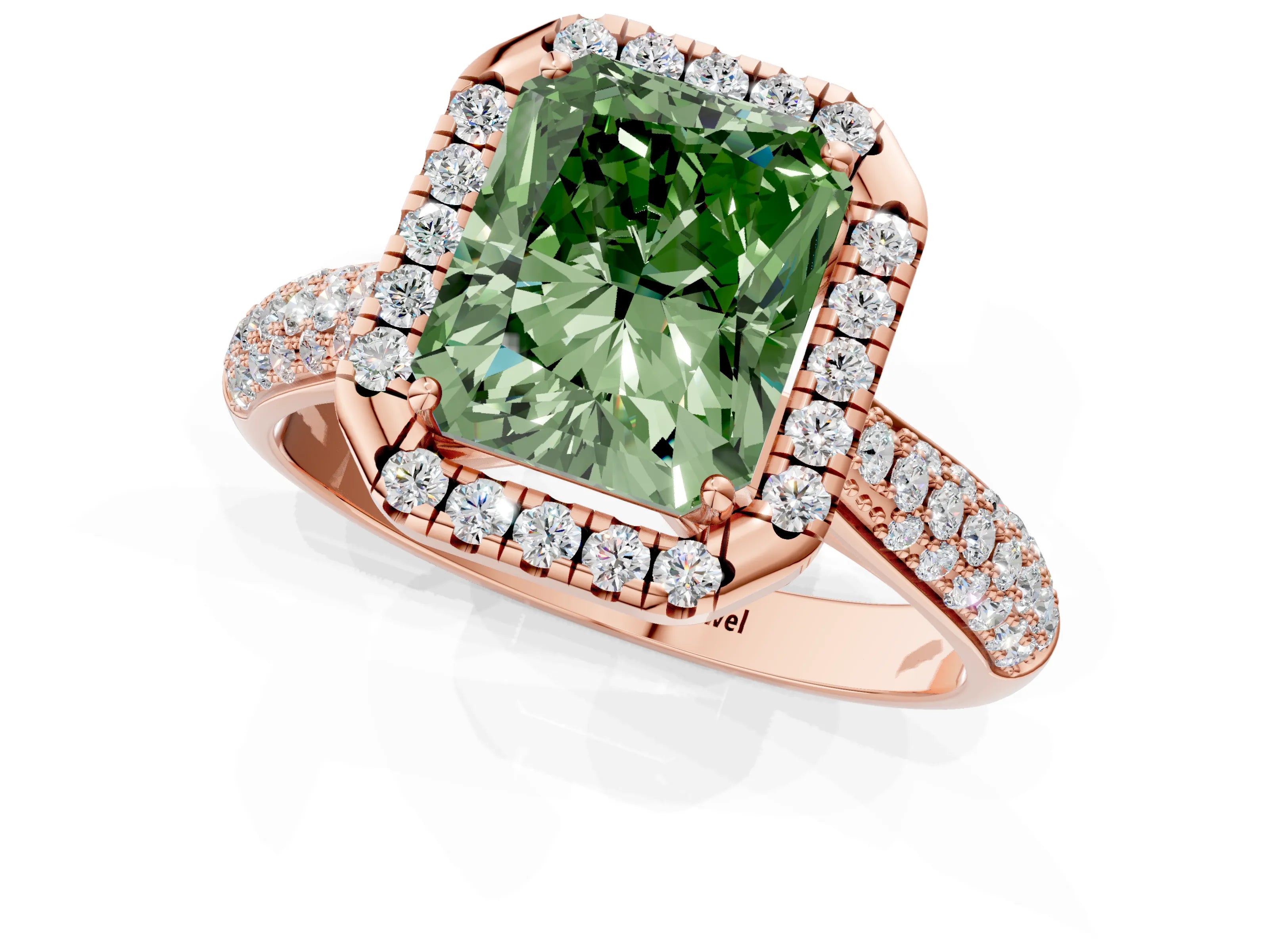 Rose gold Fancy Green Radiant Cut Halo Diamond Ring with Pavé Band_1