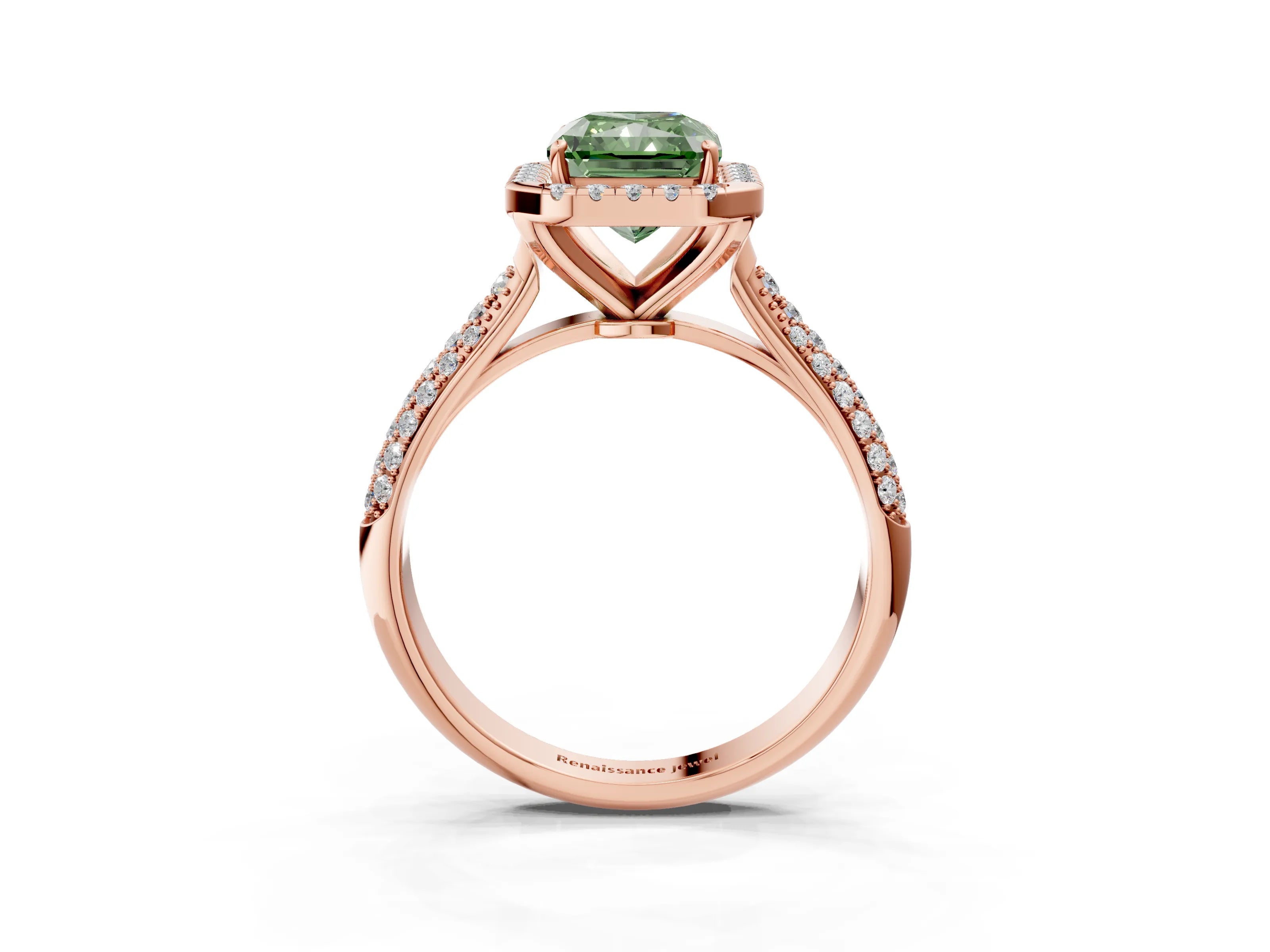 Rose gold Fancy Green Radiant Cut Halo Diamond Ring with Pavé Band_3