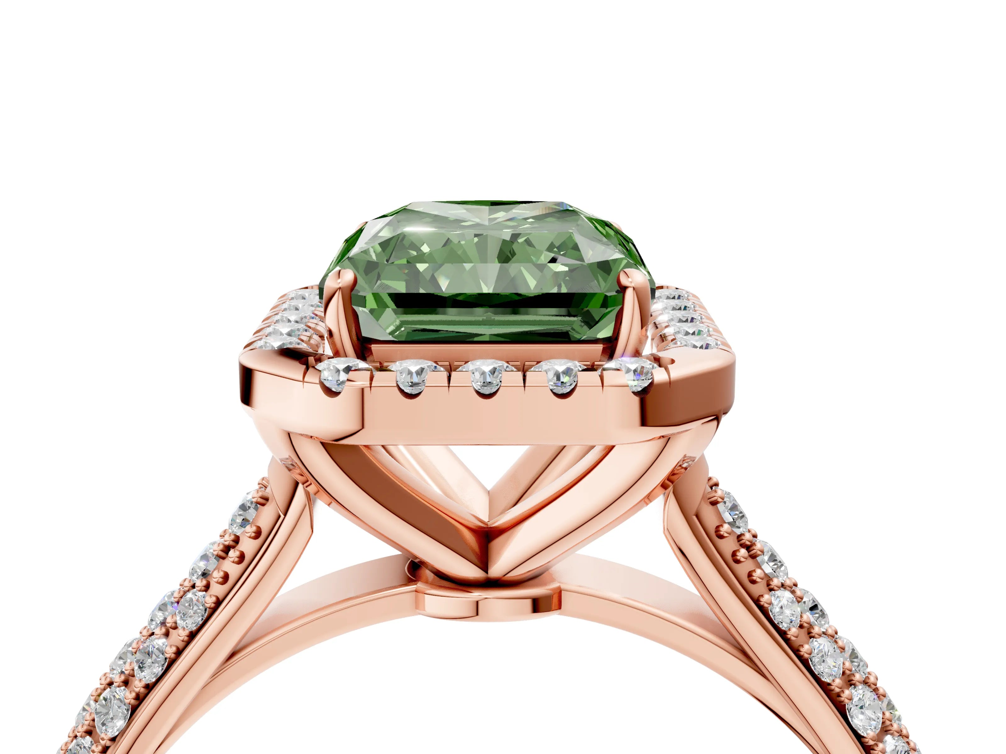 Rose gold Fancy Green Radiant Cut Halo Diamond Ring with Pavé Band_4